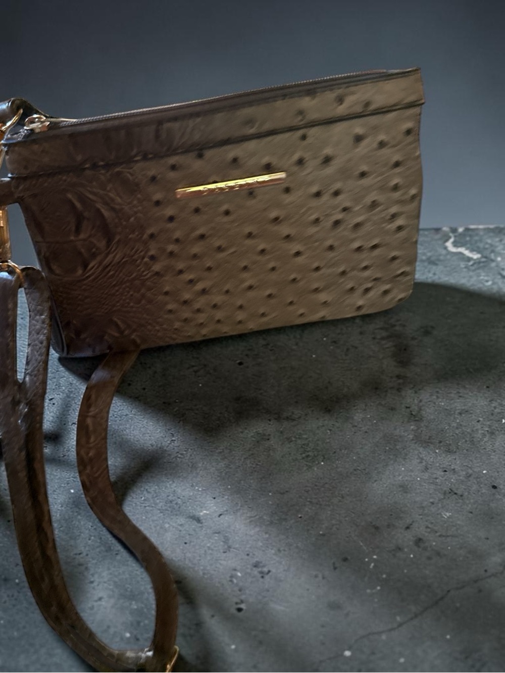 Ostrich Brown Crossbody Bag with Gold Accent